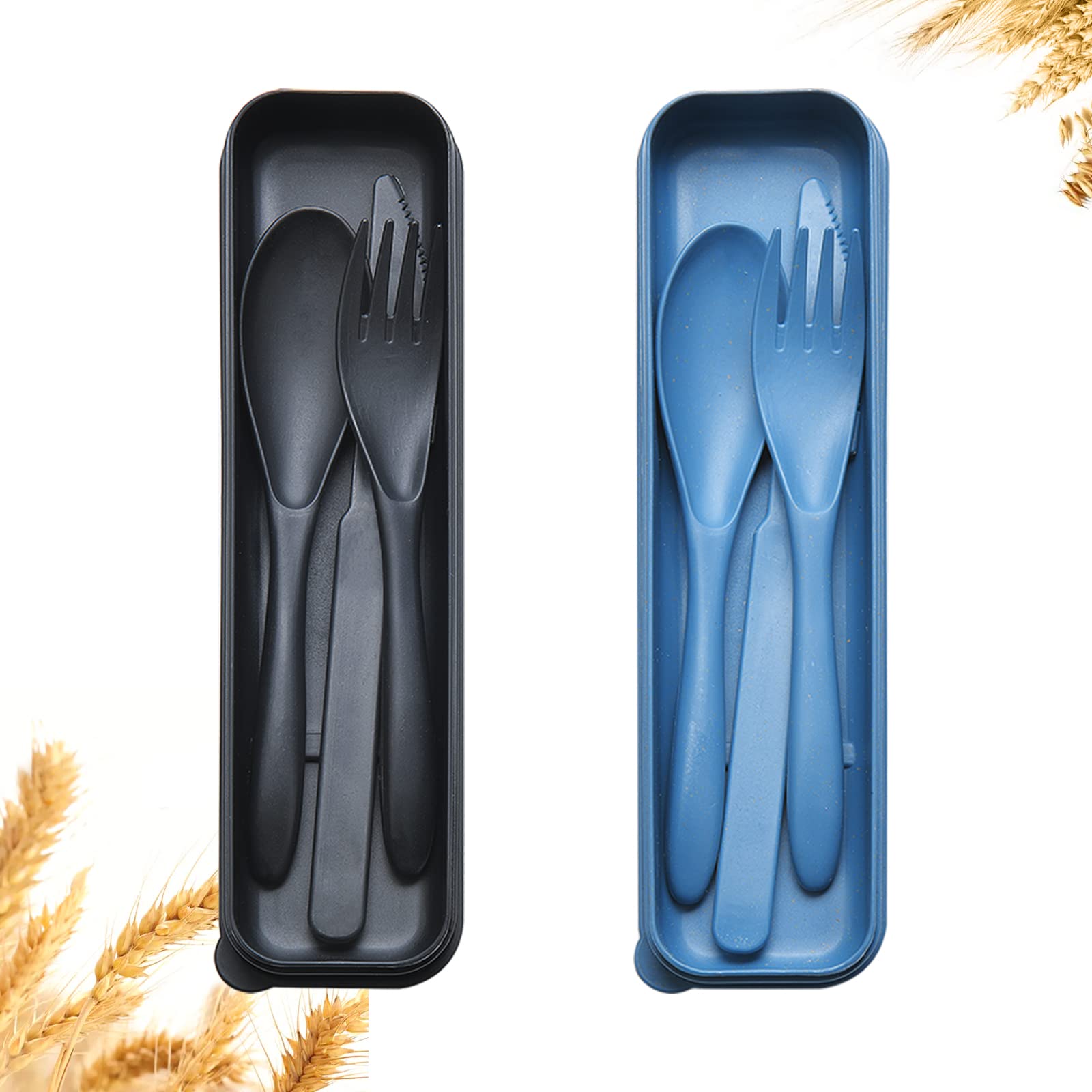 Reusable Travel Utensils Set with Case, 2 Sets Wheat Straw Portable Plastic Fork Spoons Knife