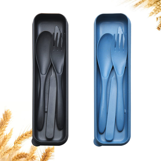 Reusable Travel Utensils Set with Case, 2 Sets Wheat Straw Portable Plastic Fork Spoons Knife