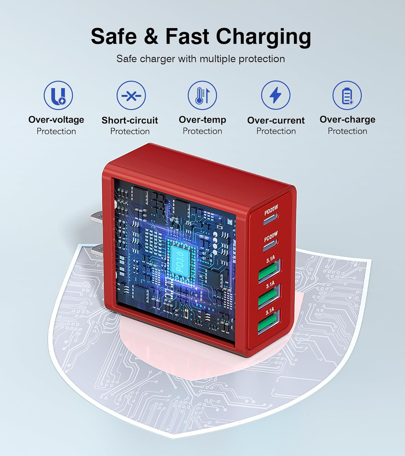 USB C Wall Charger Block, 2Pack 60W USB C Charger 5-Port PD Fast Charging Blocks,QC 3.0 USB A Multiport Plug,Type C Power Adapter Brick Cube for iPhone 17/16/15/14/13/Pro,Samsung,for Switch/Pixel（Red）