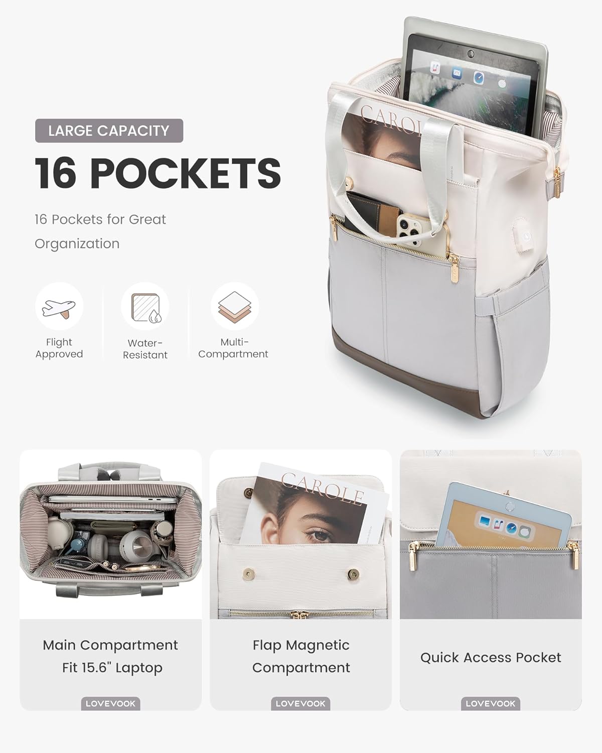 LOVEVOOK Laptop Backpack for Women, 15.6 Inch Work Laptop Bag with USB Port, Fashion Teacher Nurse Backpack Purse, Waterproof Travel Computer Backpack with Organizer Bag, 2PCS, Beige-Light Grey