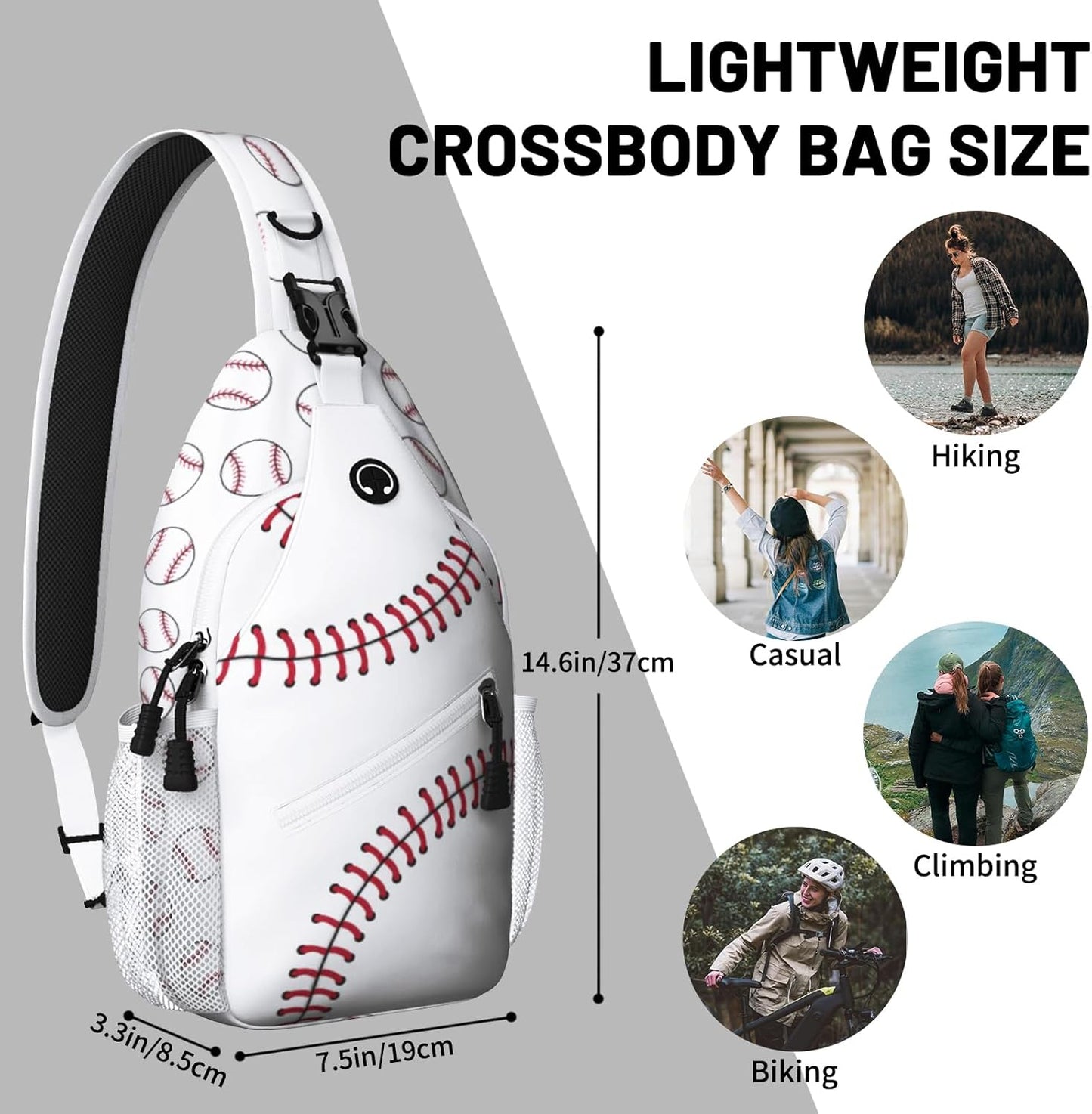 White Baseball Sling Bag Crossbody Chest Bag for Women Men, Water Resistant Lightweight Casual Crossbody Bag with Adjustable Strap, Travel Hiking Daypack Shoulder Backpack