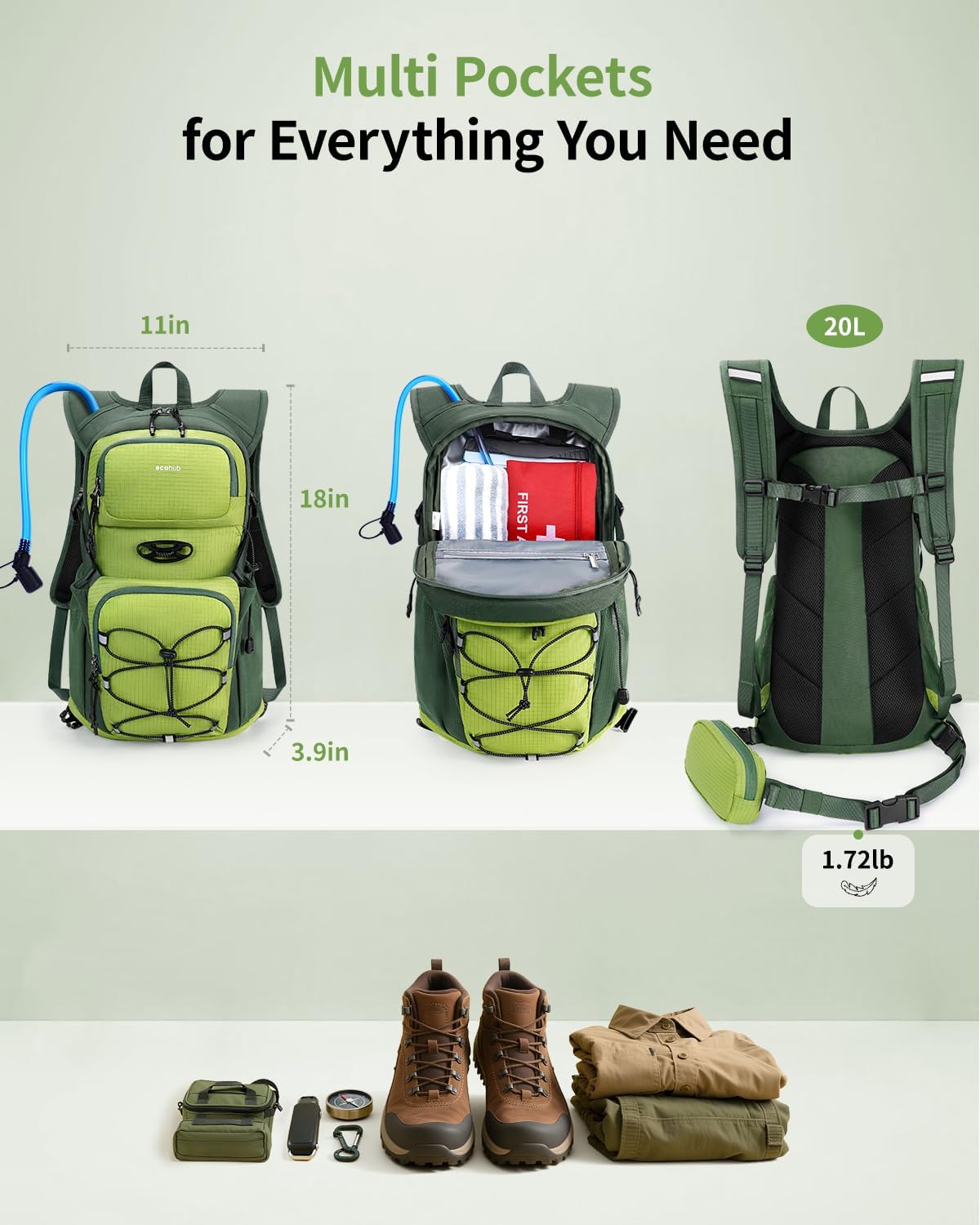 ECOHUB Hydration Backpack for Men Women, 20L Lightweight Hiking Daypack Cycling Backpack with 2L