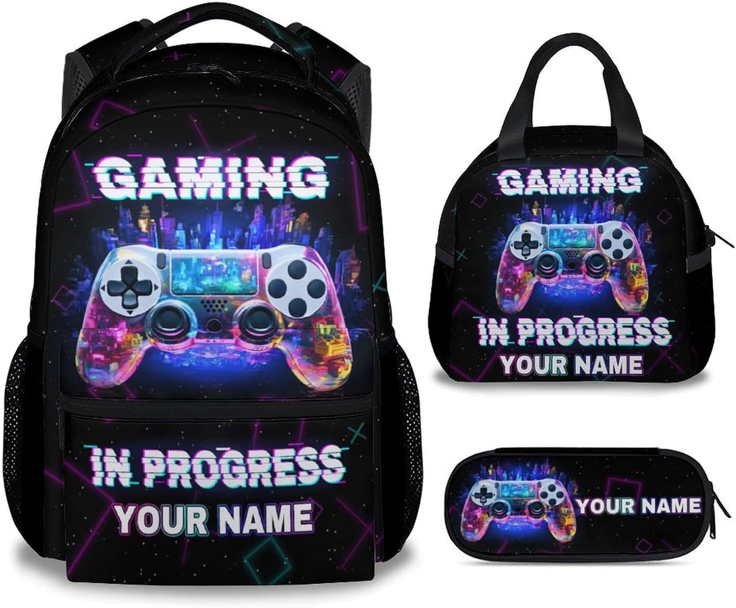 COZYAURA Personalized Backpacks for Boys - 3Pcs Video Gaming Bookbag for Kids - Gamer School Bag