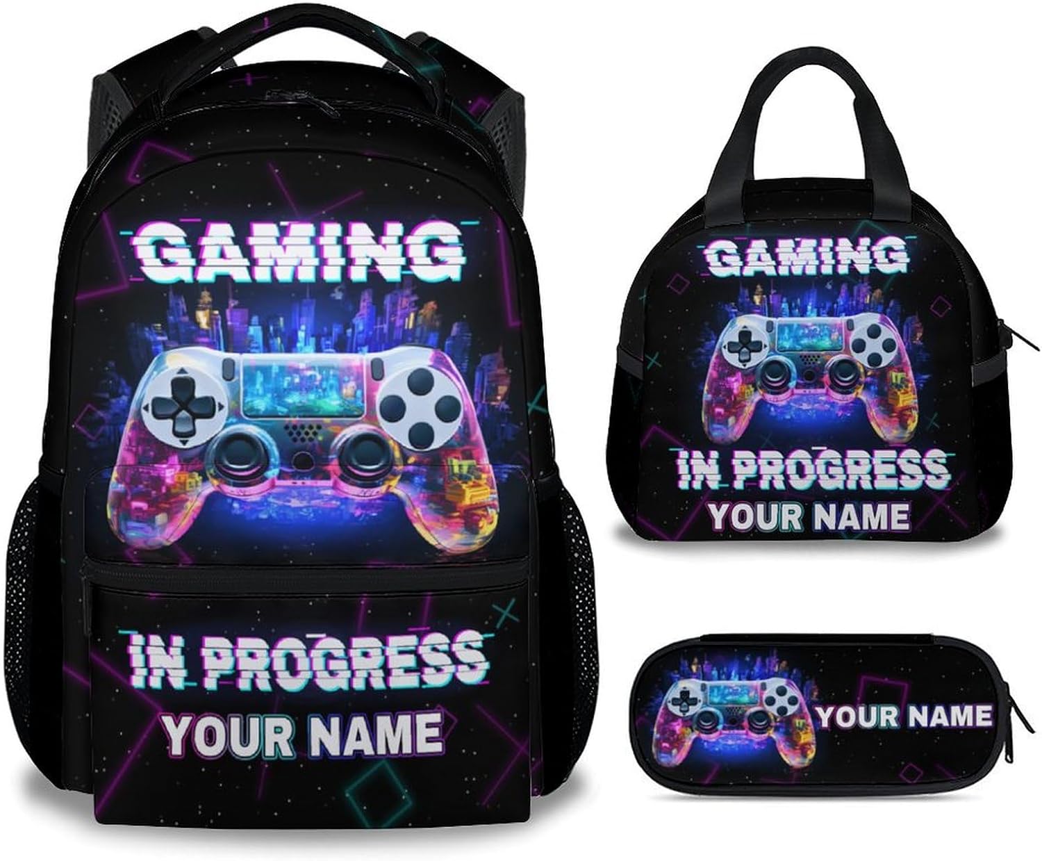COZYAURA Personalized Backpacks for Boys - 3Pcs Video Gaming Bookbag for Kids - Gamer School Bag