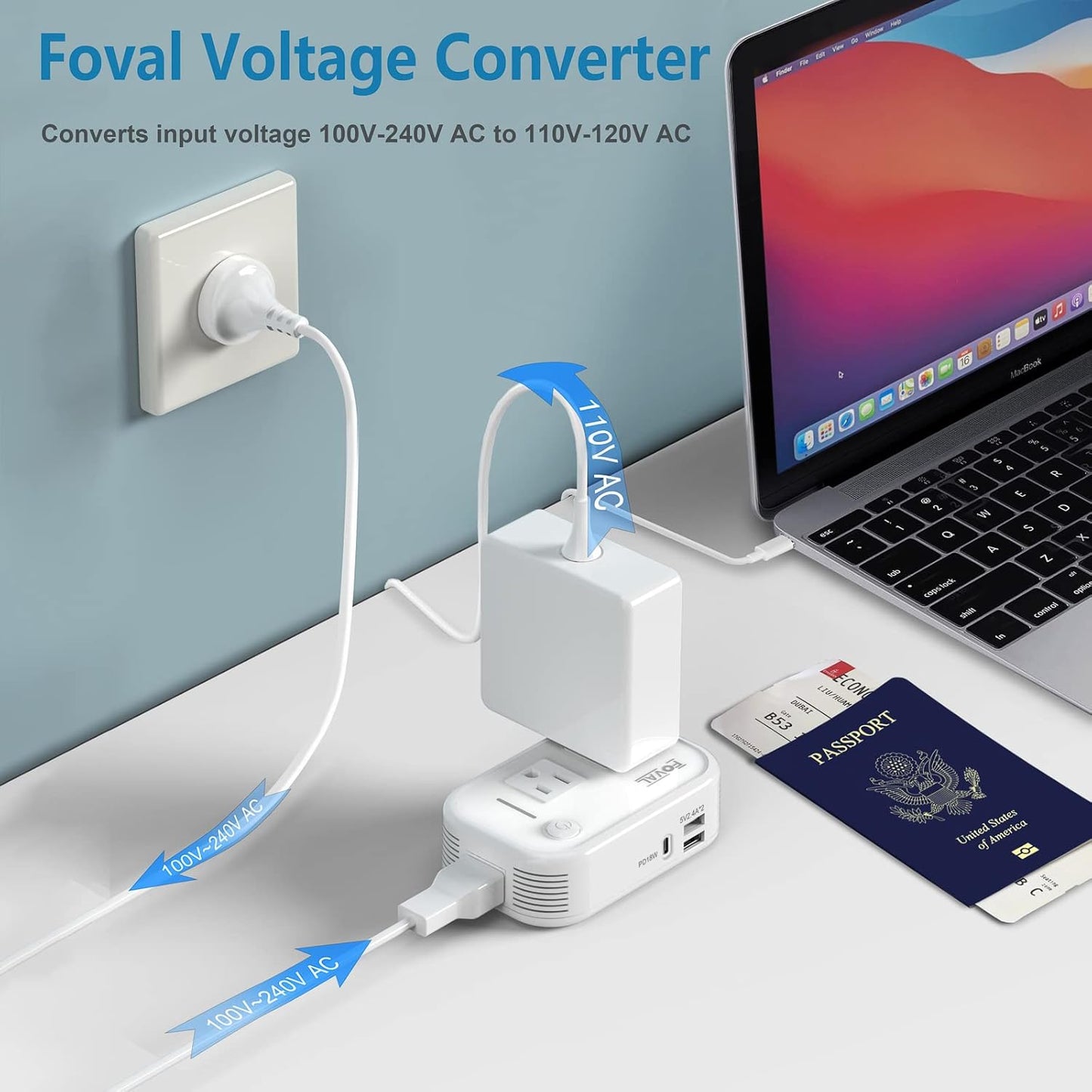 220V to 110V Converter Travel Adapter, FOVAL International Step Down Power Converter for Hair Straightener/Curler with 18W USB-C Port Voltage Converter US to Europe Italy UK AU China Plug (White)