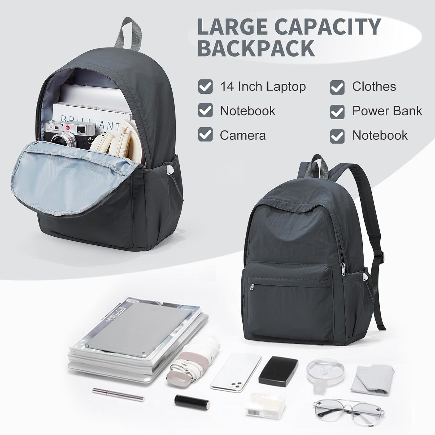 Simple School Backpack For Women Men Aesthetic Medium Backpack Lightweight Casual Daypack College Backpacks Cute Bookbag for Teens Girls Boys Basic Bagpack（Grey）