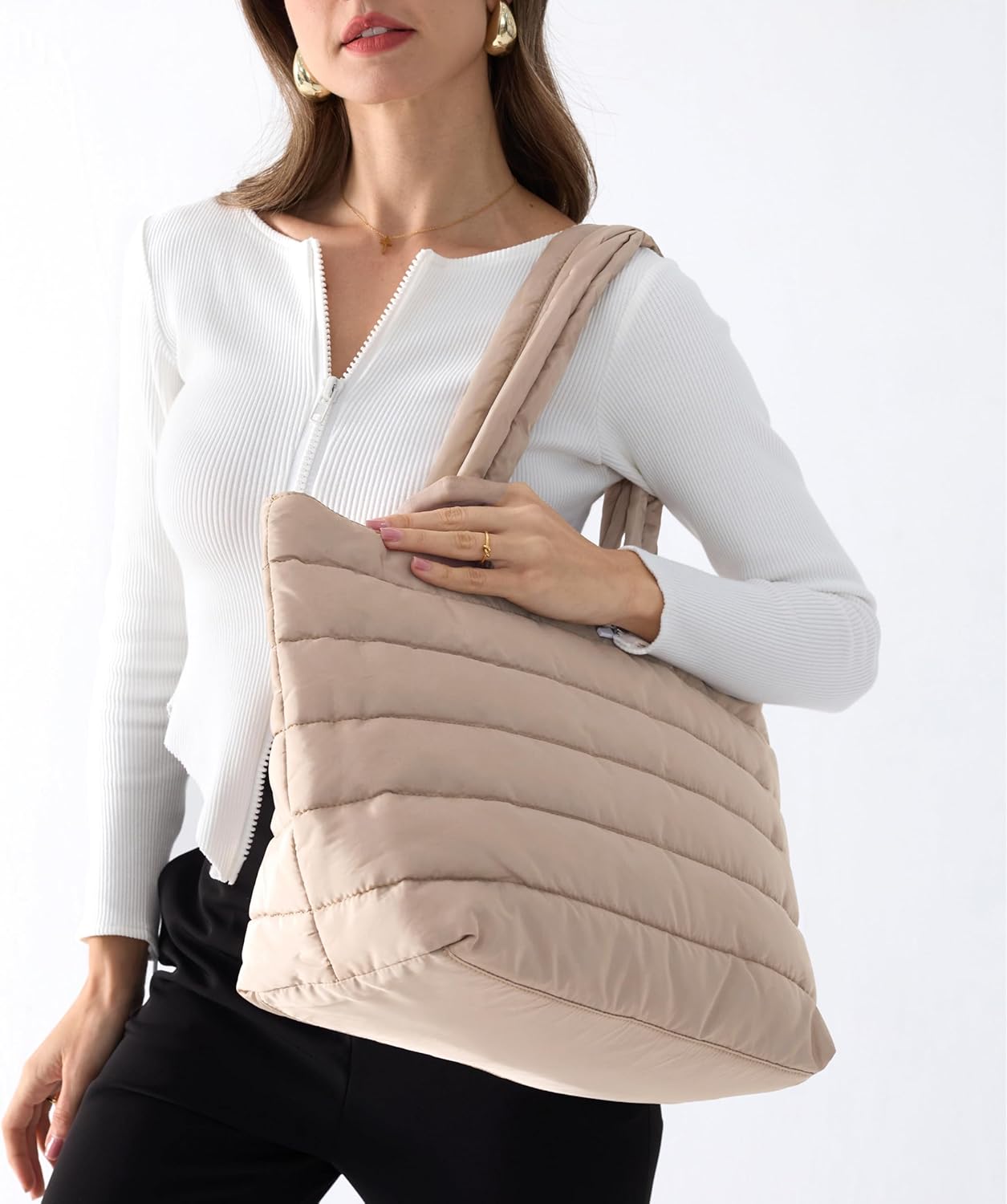 HOXIS Puffer Tote for Women Quilted Shoulder Handbag Lightweight Weekender Bag Purse for Work Travel Gym Shop