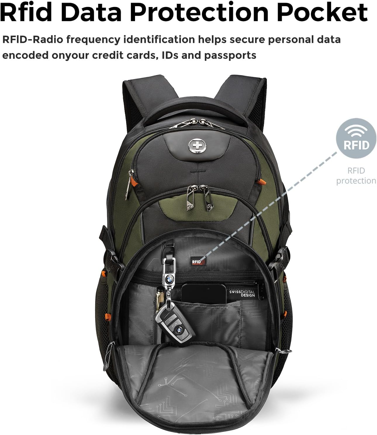 Swissdigital Design Laptop Backpack with USB Charging Port, Travel Backpack Fits 15.6 inches Computer, 31L College School Backpack for Men, Olive/Black | SD803-26