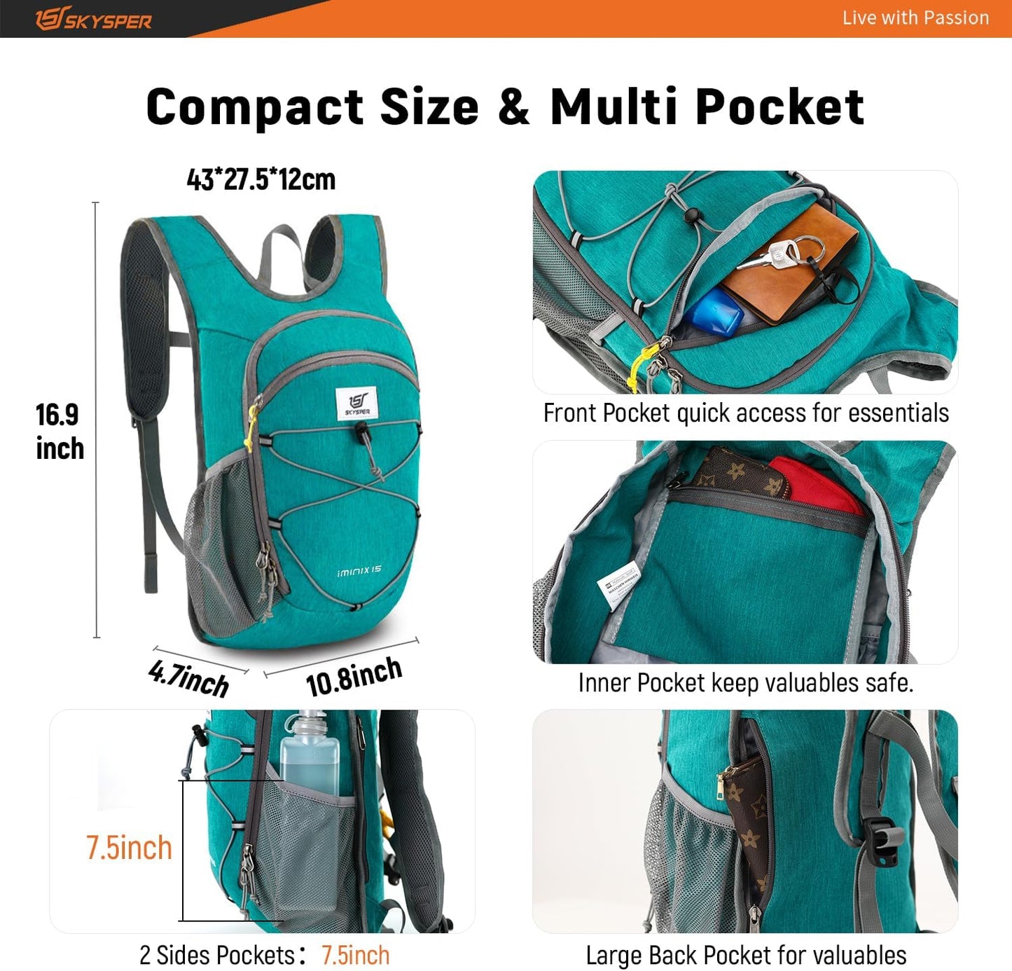 SKYSPER 15L/20L Foldable Hiking Backpack Lightweight Packable Travel Daypack with Chest Strap Small