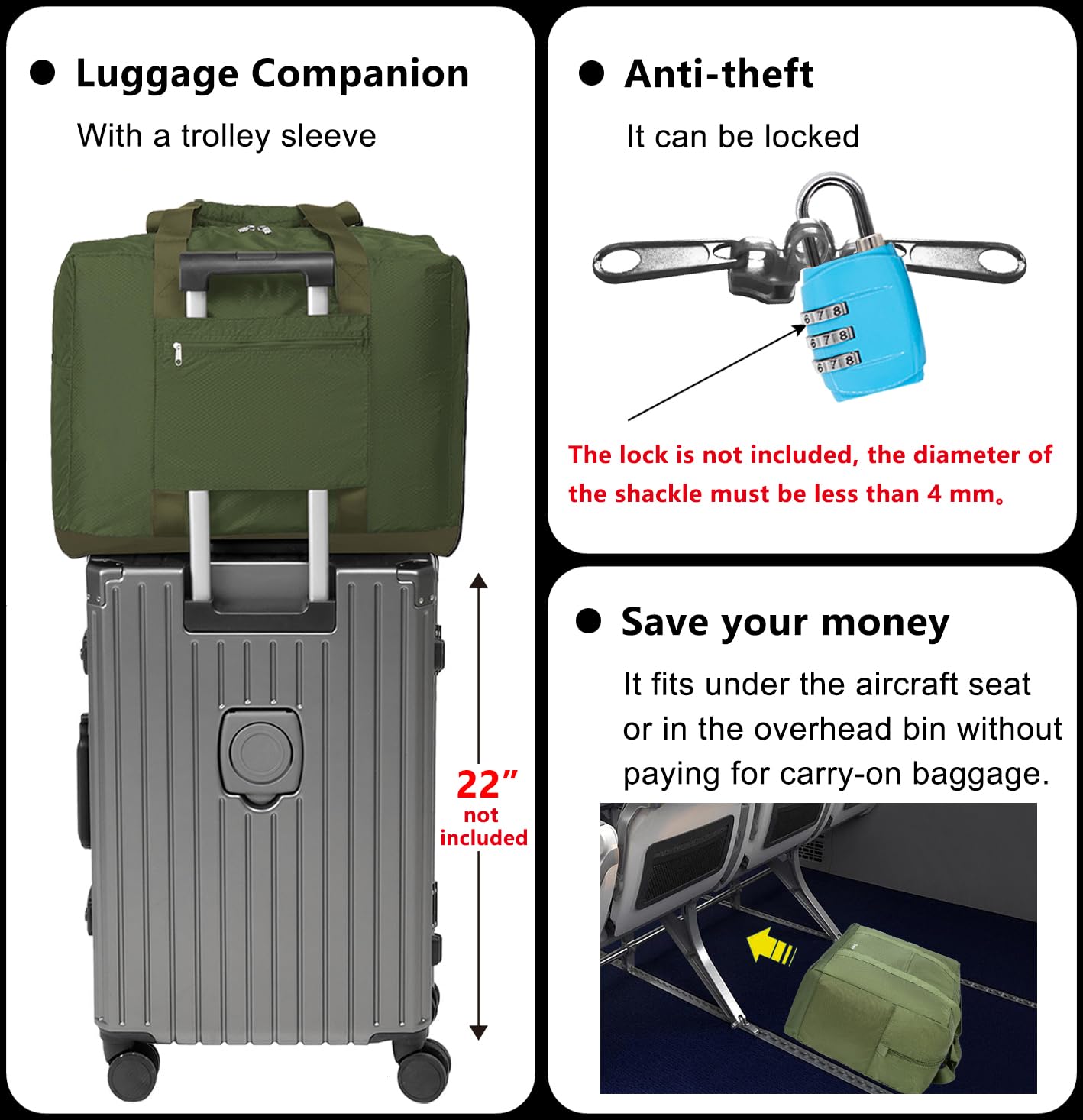 Vimapo Foldable Travel Duffle Bag with Trolley Sleeve 40L Travel Bag