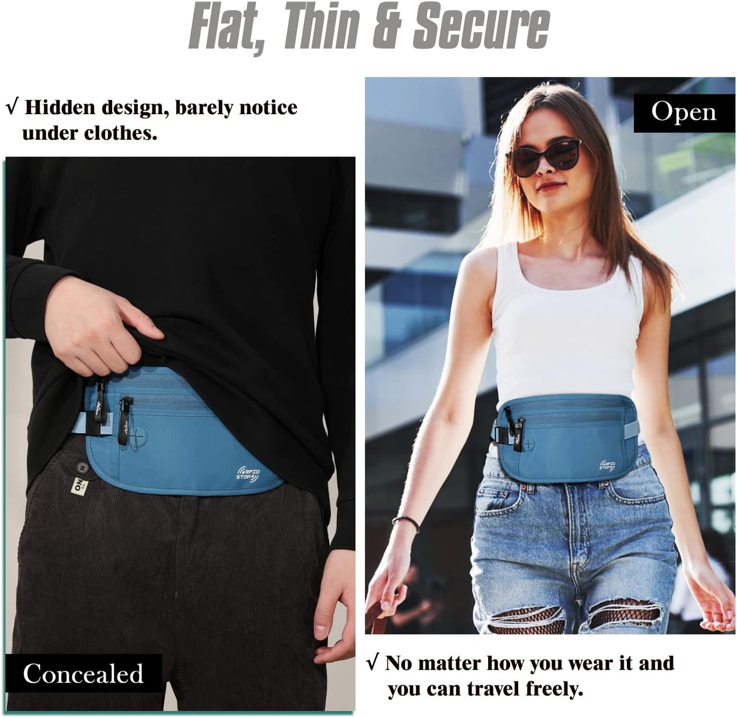 MoKo Secure Travel Money Belt, Undercover Hidden RFID Blocking Travel Wallet, Anti-Theft Passport Wallets for Men Women