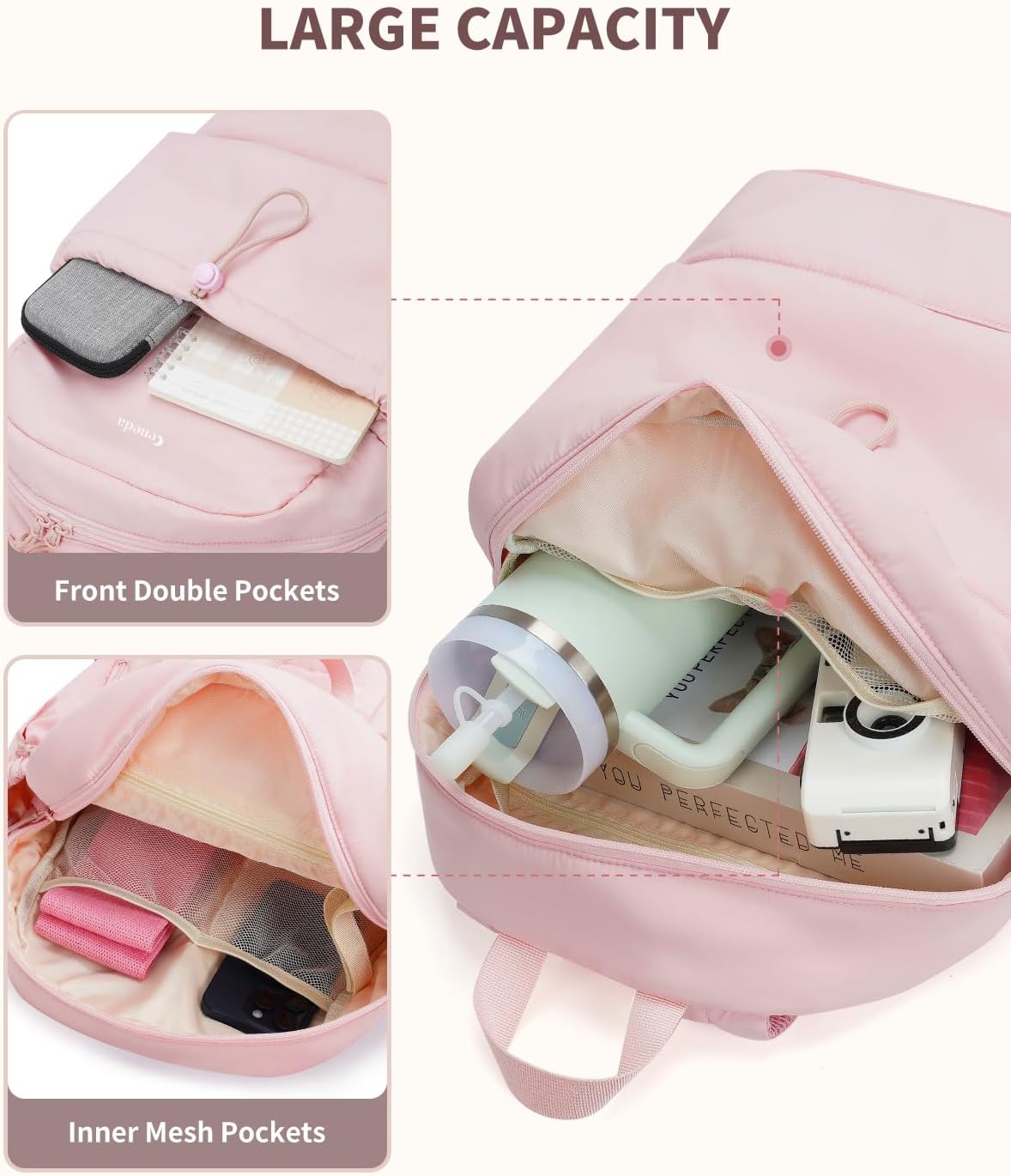 Ceneda Gym Backpack for Women, Lightweight Puffer Backpack with Shoe Compartment, Wet Pocket & Tumbler Strap, Cute Daypack for Fitness, Daily Use & Travel (Pink)