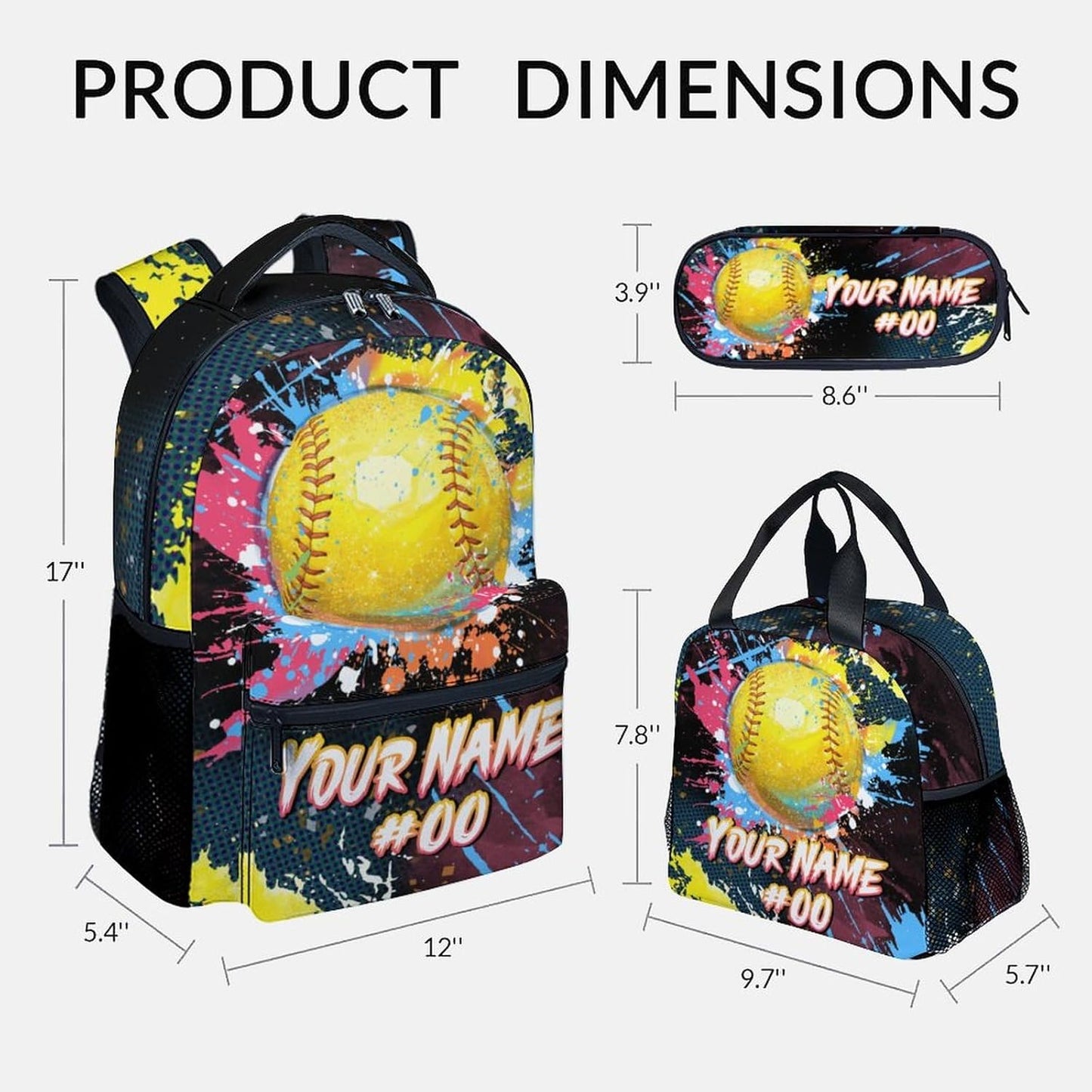 COZYAURA Custom Backpack Set - Softball Backpacks for Girls - Kids Bookbag for Elementary Middle School - Personalized School Bag with Lunch Box & Pencil Case