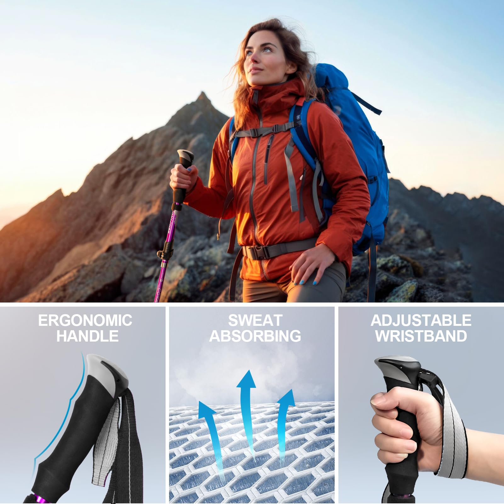 covacure Hiking Poles, 7075 Aluminum Tri-fold, Adjustable Height, 2PCS