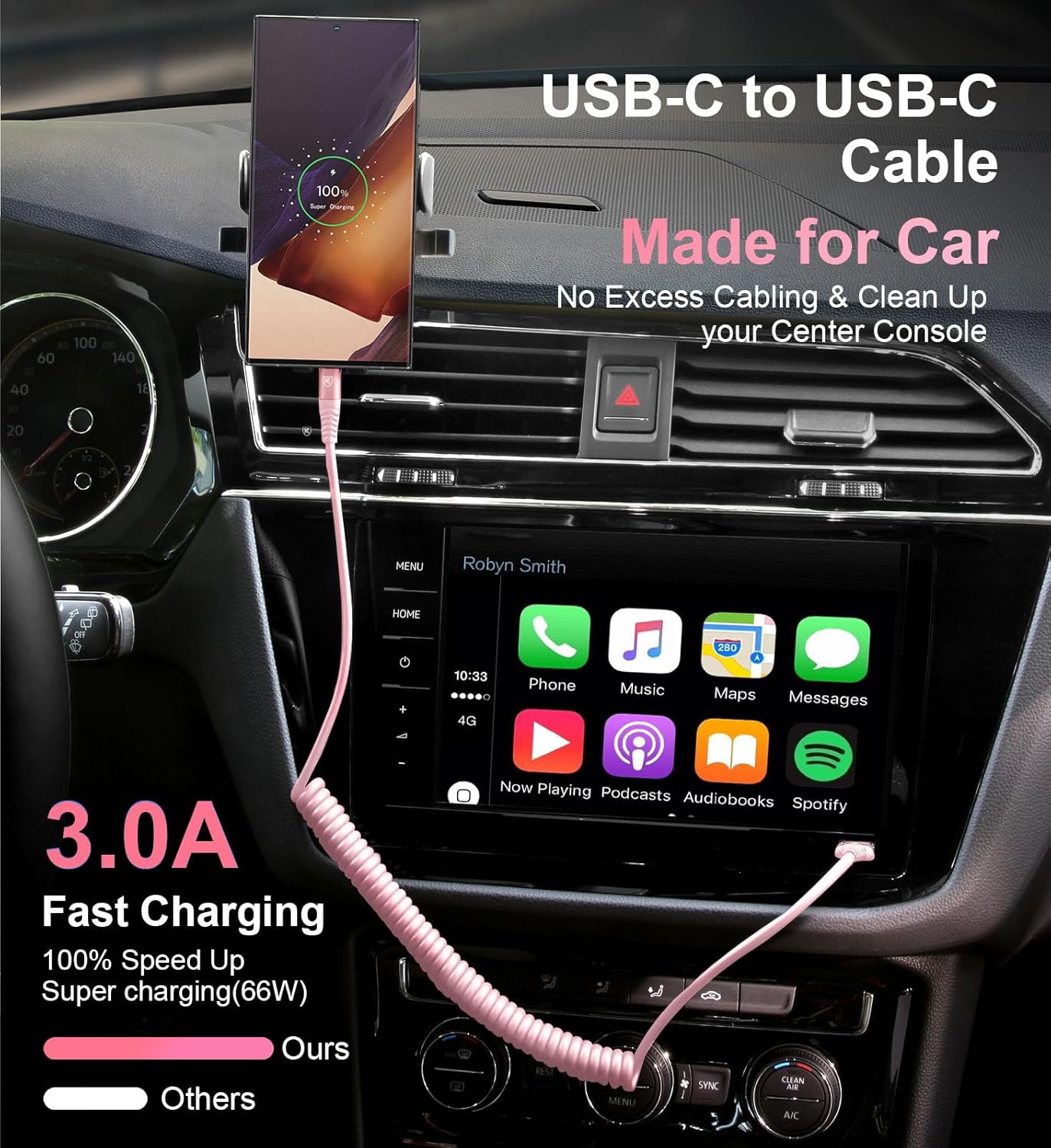 USB C to C Cable 6FT, 2Pack Coiled USB C Fast Charging Cable for Car, CarPlay iPhone USB-C Cable/Android Auto USB C Cord, USB Type C Cable for iPhone 17/16/15/Pro Max/Samsung Galaxy S23 and More-Pink