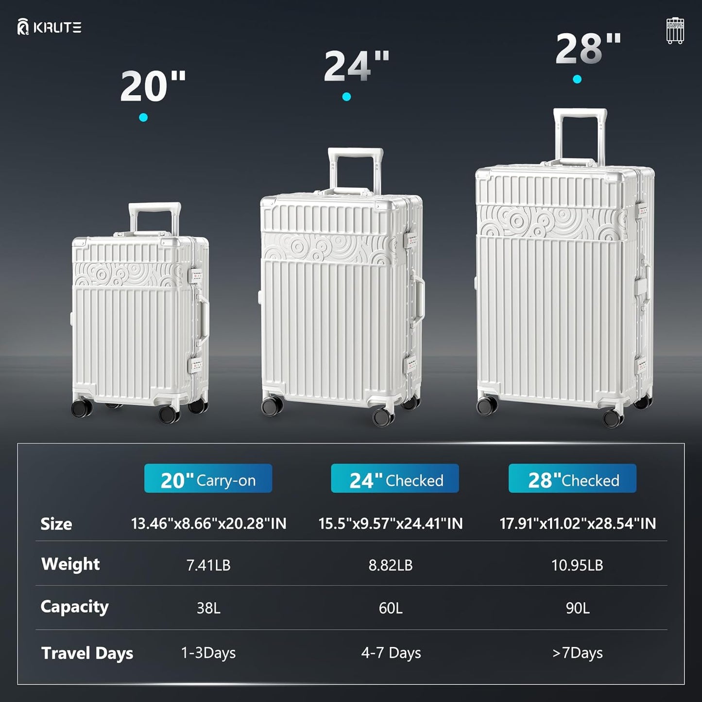 Krute Luggage 24 inch Aluminum Frame Suitcase with Spinner Wheels Zipperless Checked Luggages PC+ABS Hardside Suitcase with TSA Lock