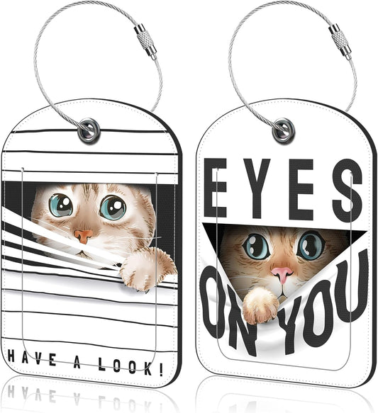 2 PCS Leather Luggage Tags for Suitcase Peeking Cat Travel Luggage Tag with Privacy Flap Name ID Label and Metal Loop for Travel Bag Suitcase