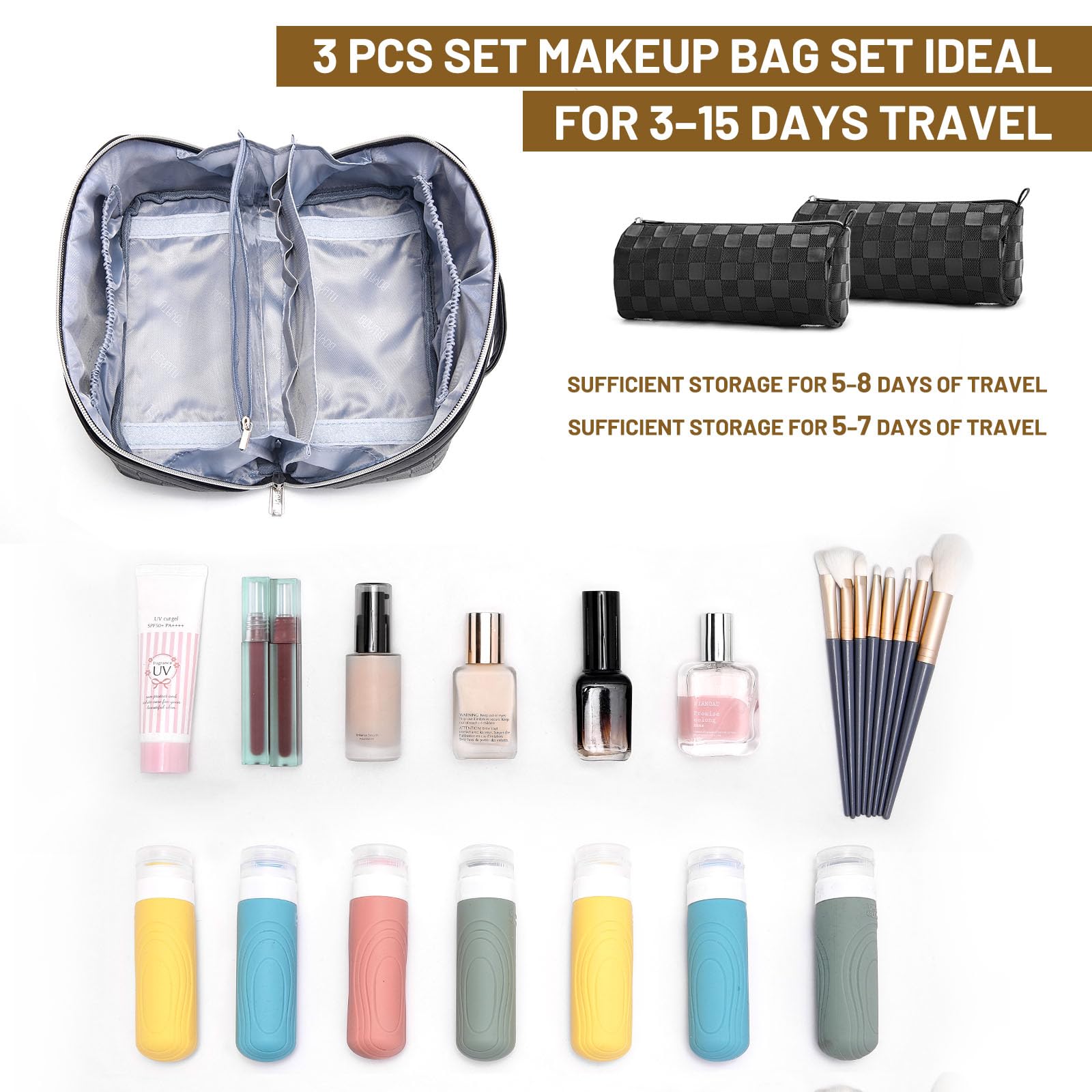 BOYATU Travel Makeup Bag Organizer: 180°Open-Flat 3 Pcs Make up Bags Set