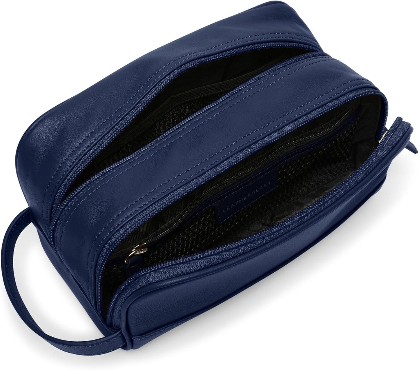Leatherology Navy Blue Leather Toiletry Bag – Small Double Zip Dopp Kit – Full Grain Leather Travel
