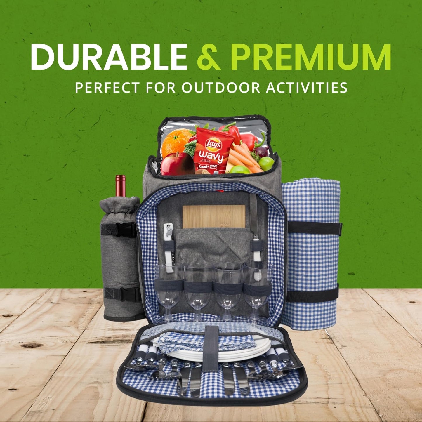 Nature Gear Picnic Backpack for 4, Insulated Picnic Set with Dinnerware, Wine Cooler, Blanket &