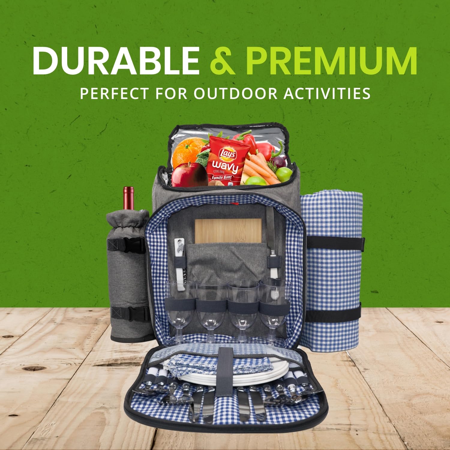 Nature Gear Picnic Backpack for 4, Insulated Picnic Set with Dinnerware, Wine Cooler, Blanket &