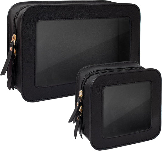 Clear Makeup Bag Set for Women Portable Clear Makeup Bag Cute Waterproof Travel Cosmetic Bag Travel Essentials Car Accessories for Women Men(Black, Standard + Mini)