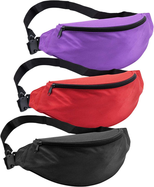 INNOLIFE Unisex Men Women Fashion Sporty Multi-purpose 2-Zipper Waist Belt Bag Fanny Pack Adjustable Strap for Sport Hiking Traveling Passport Wallet(3-pack Black purple Red)