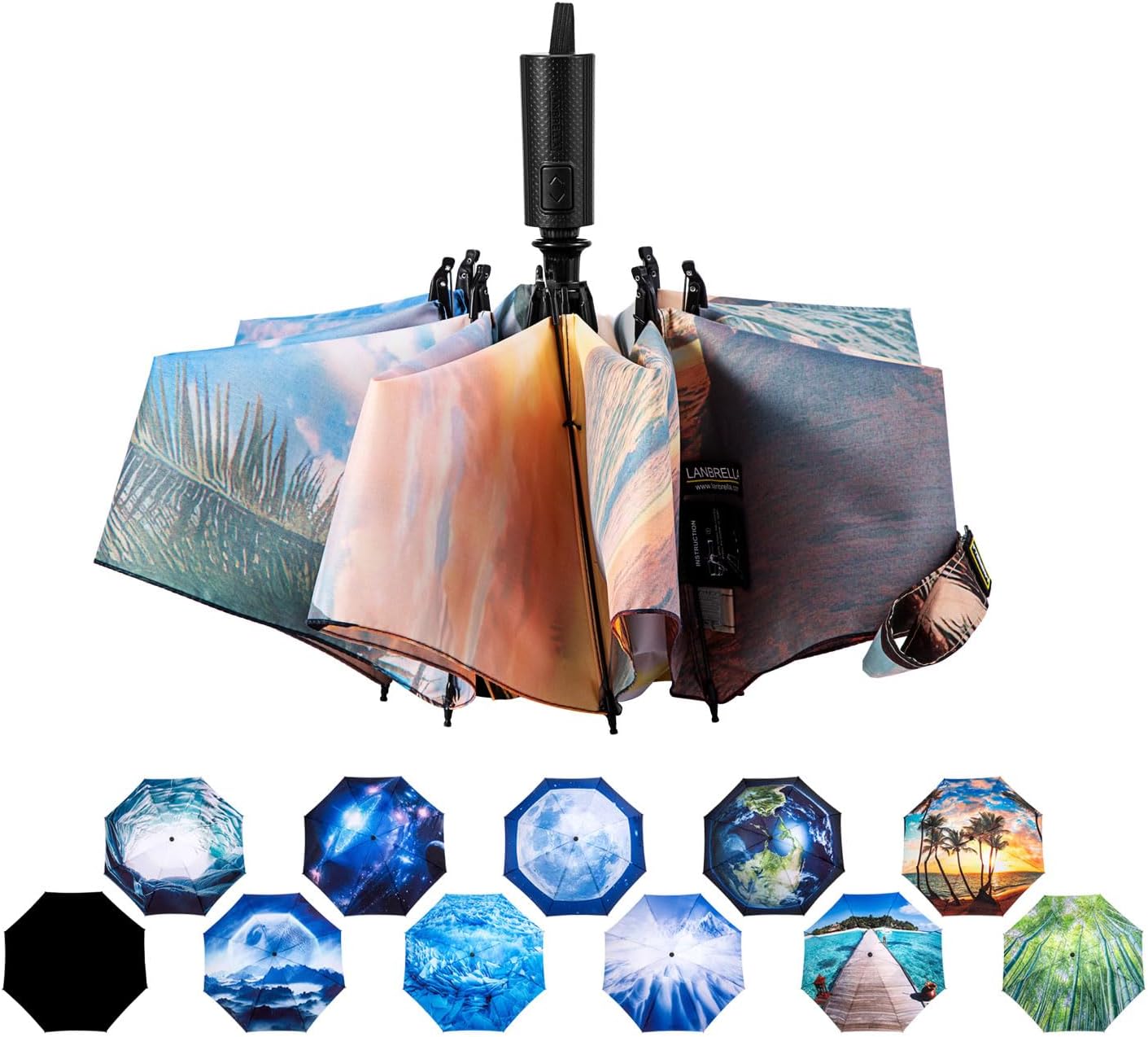 LANBRELLA Compact Reverse Folding Umbrella Auto Windproof Travel Umbrella