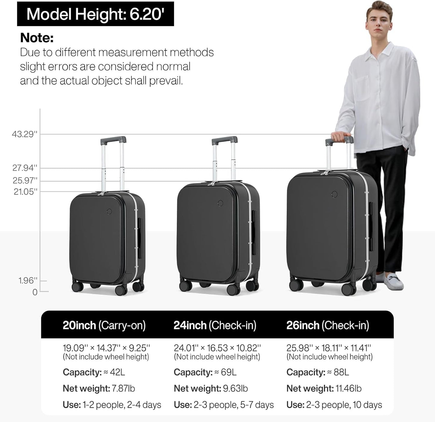 mixi 24 Inch Carry On Luggage 22x14x9 Airline Approved PC Hard Shell Suitcase Top Opening Aluminum Frame Travel Suitcases with Wheels, Blcak