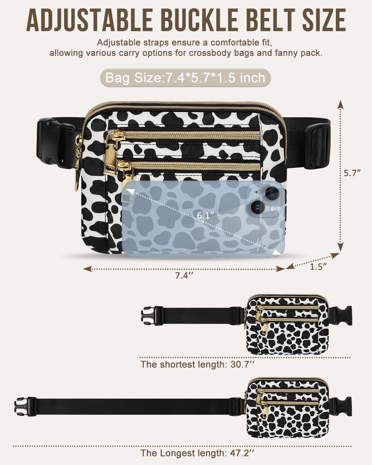 Capolo Fanny Packs for Women Fashion Waist Packs Bag with Adjustable Strap and 4 Zipper Pockets Waterproof Everywhere Crossbody Belt Bag for Workout Running Travelling(Cow Print)