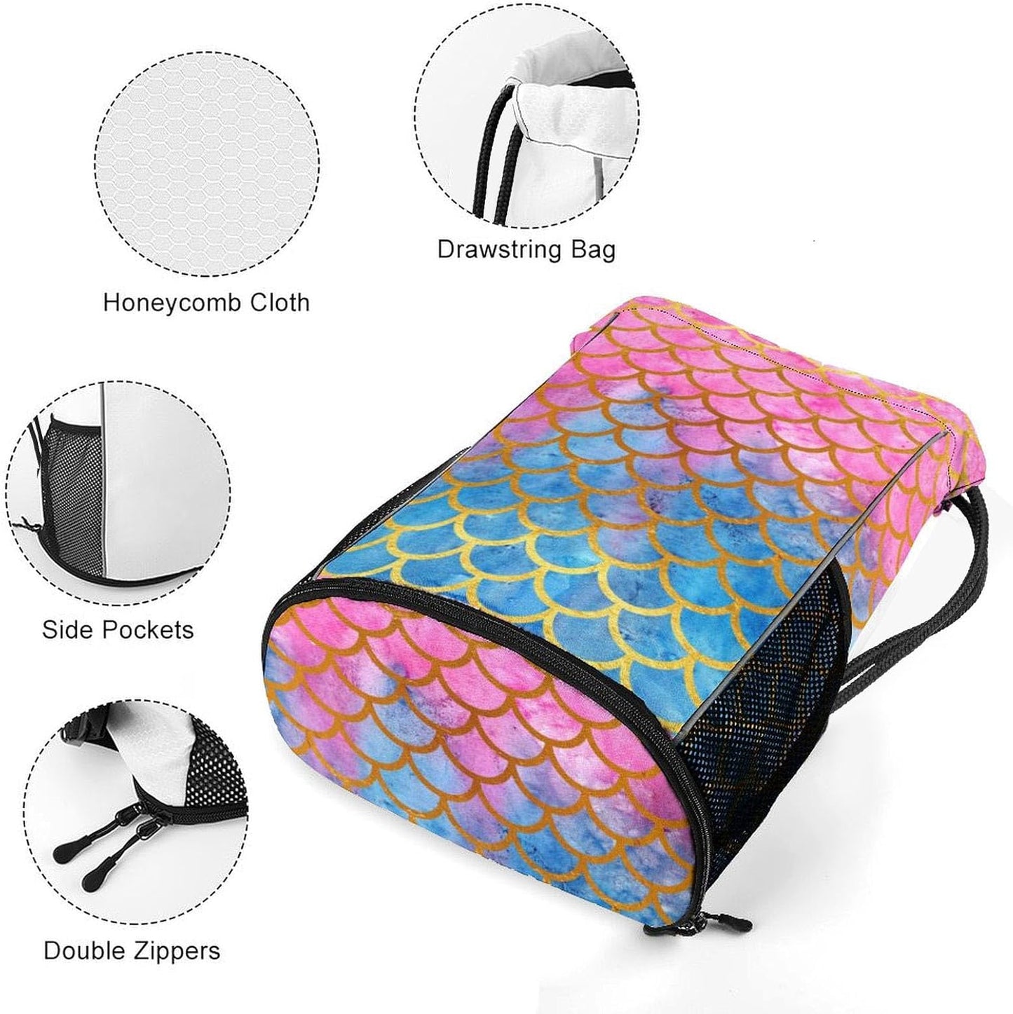 Mermaid Drawstring Backpack Gym Bag With Shoe Compartment String Bag Sport Beach Swimming Sackpack For Women Men