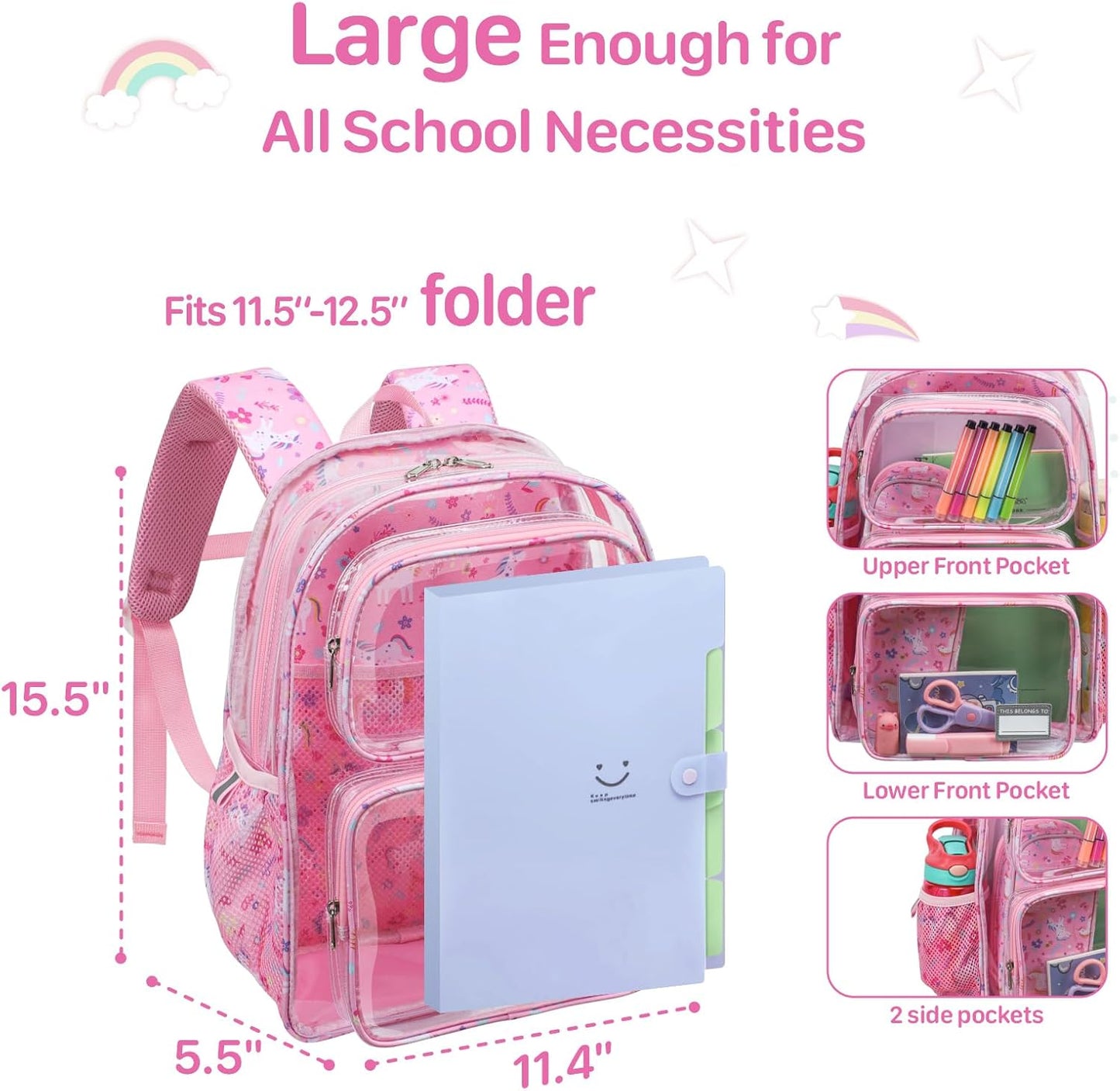 Bagseri Clear Backpack for Kids - 15 Inch Clear Bookbag for Girls Aged 3 to 8 Heavy Duty Transparent Backpack for School, Safe Reflective Strip, Cute Fabric Back Panel, Pink Unicorn