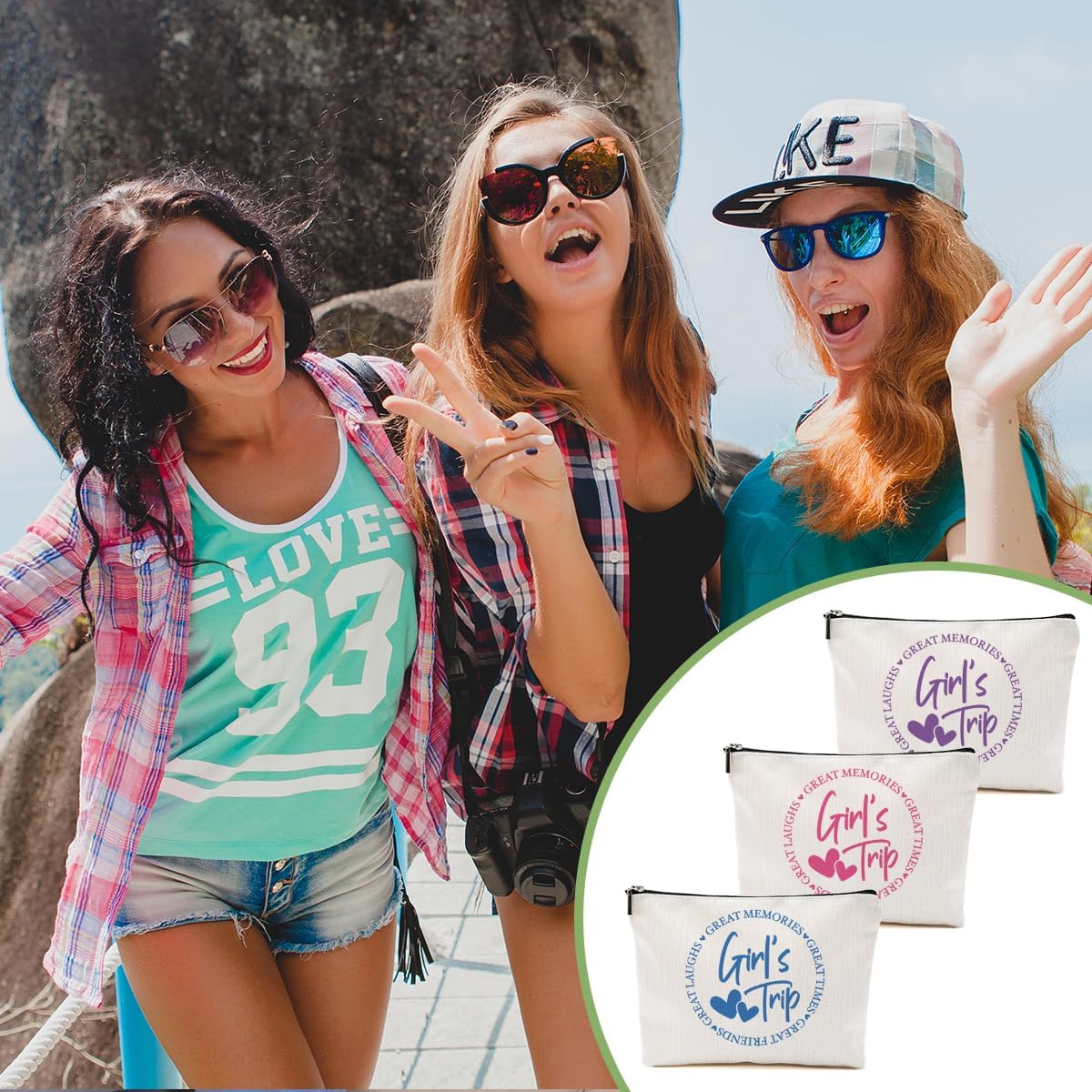 3Pcs Girls Trip Gifts Favors, 2025 Girls Weekend Gifts Funny Makeup Bag, Bestie Gifts Weekend Bag Vacation Cosmetic Bag, Friendship Gifts for Women Bestie BFF, Graduation Wedding Gifts Toiletry Bag