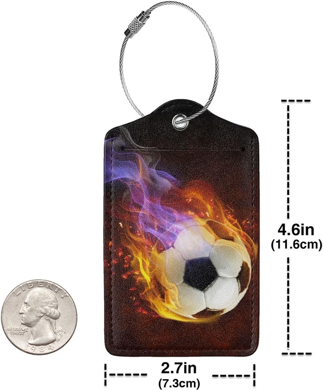 2 Pack Soccer Luggage Tag for Suitcases for Travel, Sports-Themed Backpack Bag Case Tags for Teen Boys Men Cool Flame PU Leather Baggage Tag with ID Label Privacy Flap Cover