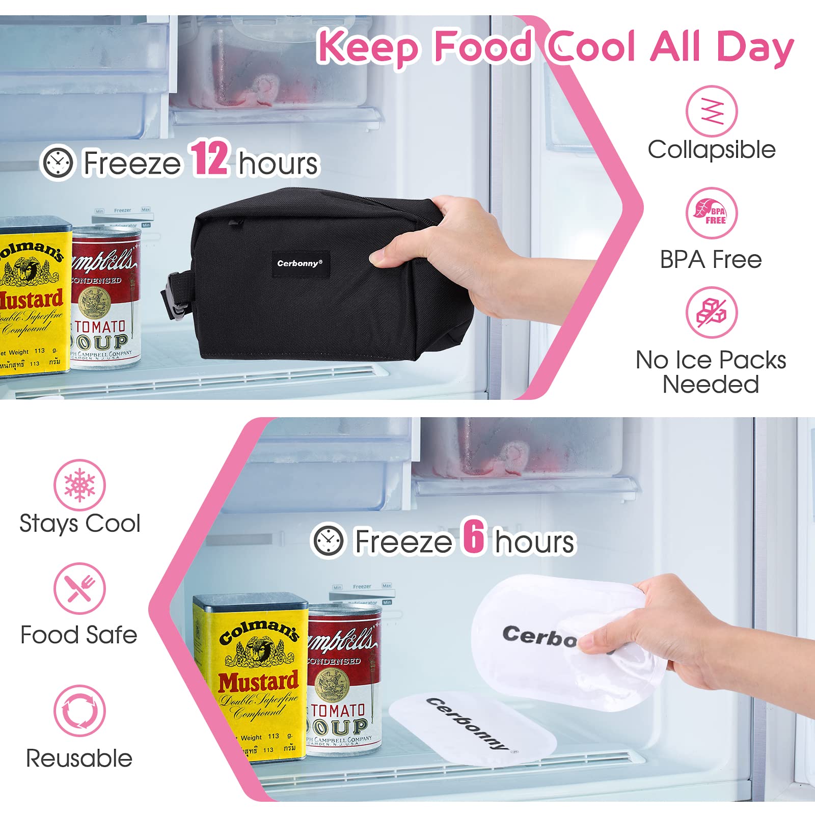 Cerbonny Small Lunch Bag,Freezable Lunch Bag,Built-in Ice Pack