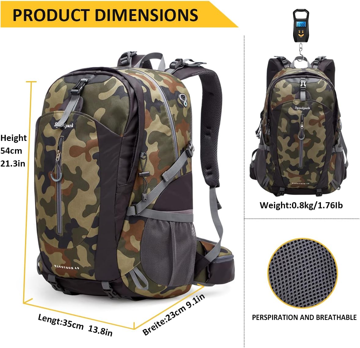 SPEEDPARK Hiking Backpack 40L Waterproof Hiking Daypack with Rain Cover, Outdoor Trekking Travel Backpacks for Men Women