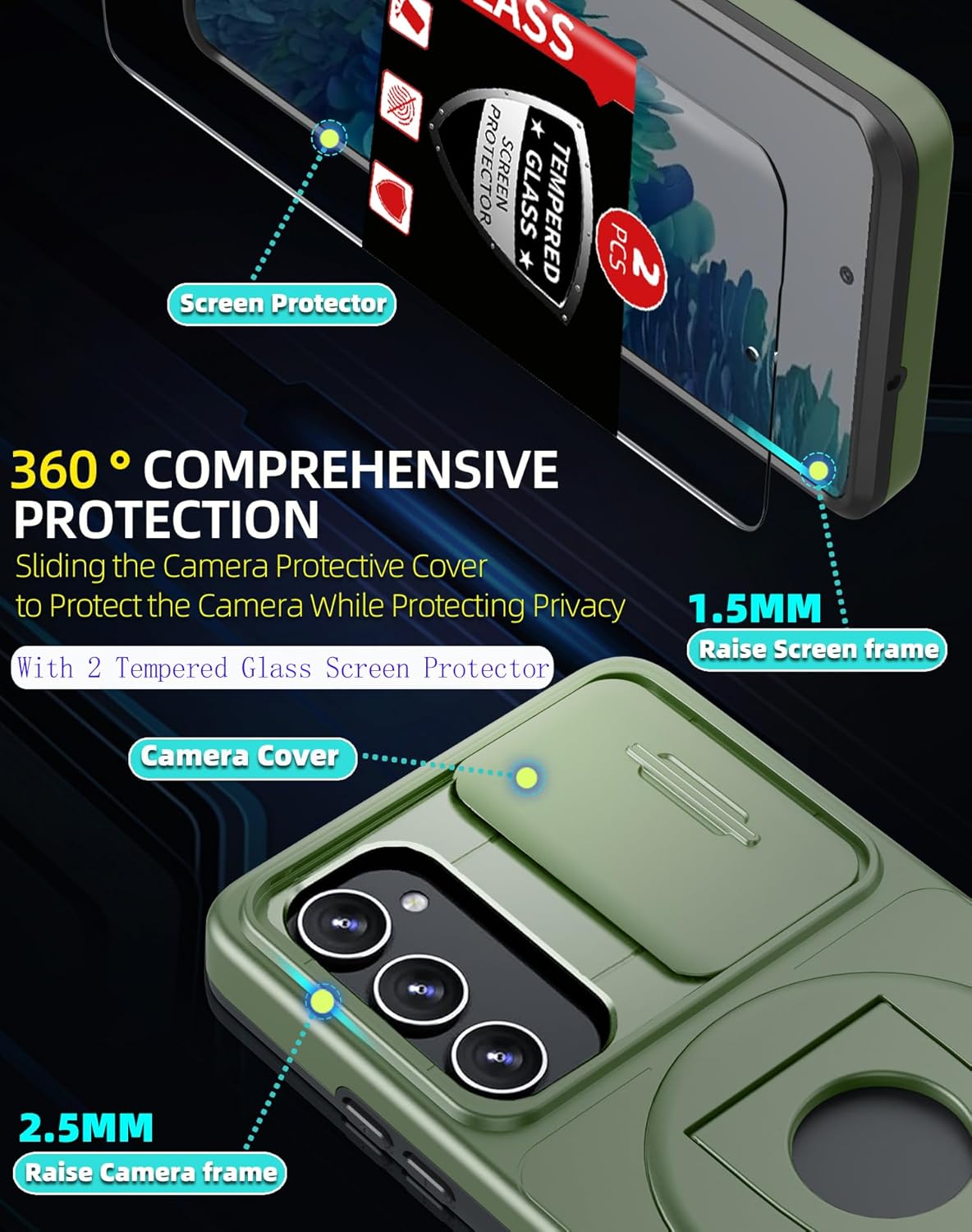 for Samsung Galaxy S20 FE Case Magnetic Compatible with MagSafe Wireless Charging,with 2 Screen Protectors,Built-in Stand Ring+Camera Cover Anti-Scratch Shockproof Heavy Duty Protection Green