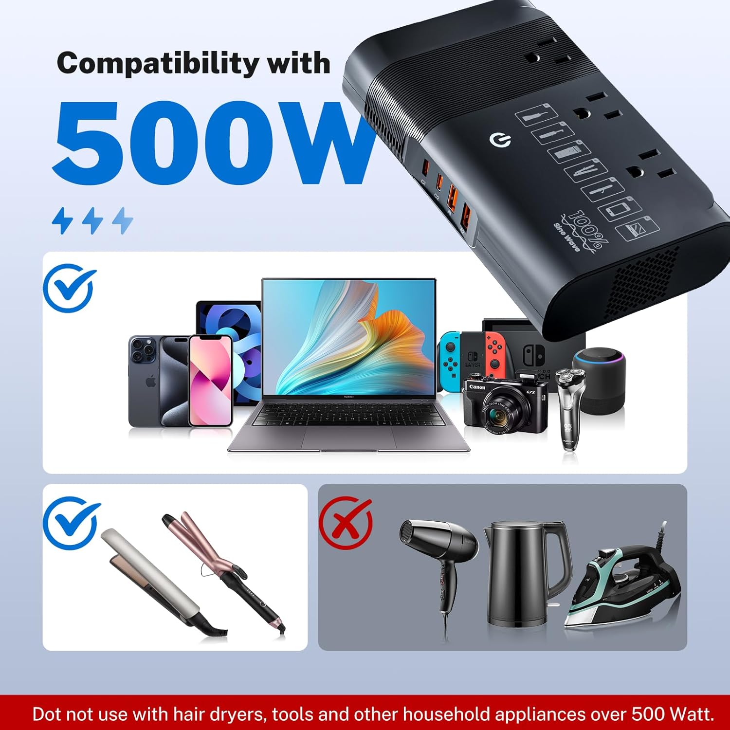 DOACE 500W Pure Sine Wave Voltage Converter, 220V to 110V European Travel Plug Adapter Converter