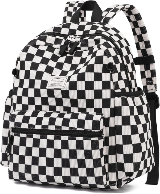Corduroy Kids Backpack for Boys Girls Backpacks for Primary Elementary Kindergarten 6-10 (Checkered Black, Medium (15" H Fit A4 Folder))
