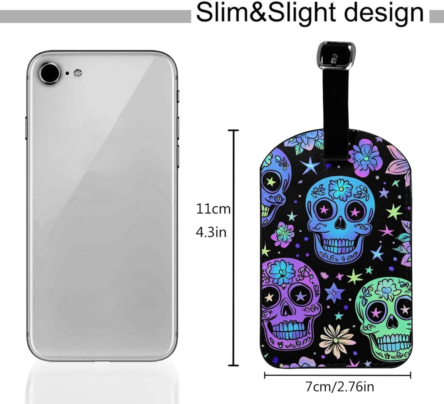 Purple Neon Skull Flowers Luggage Tag Leather Suitcase Tags Cute Luggage Identifiers for Suitcases Privacy Cover Travel Name Tag for Kids Adult