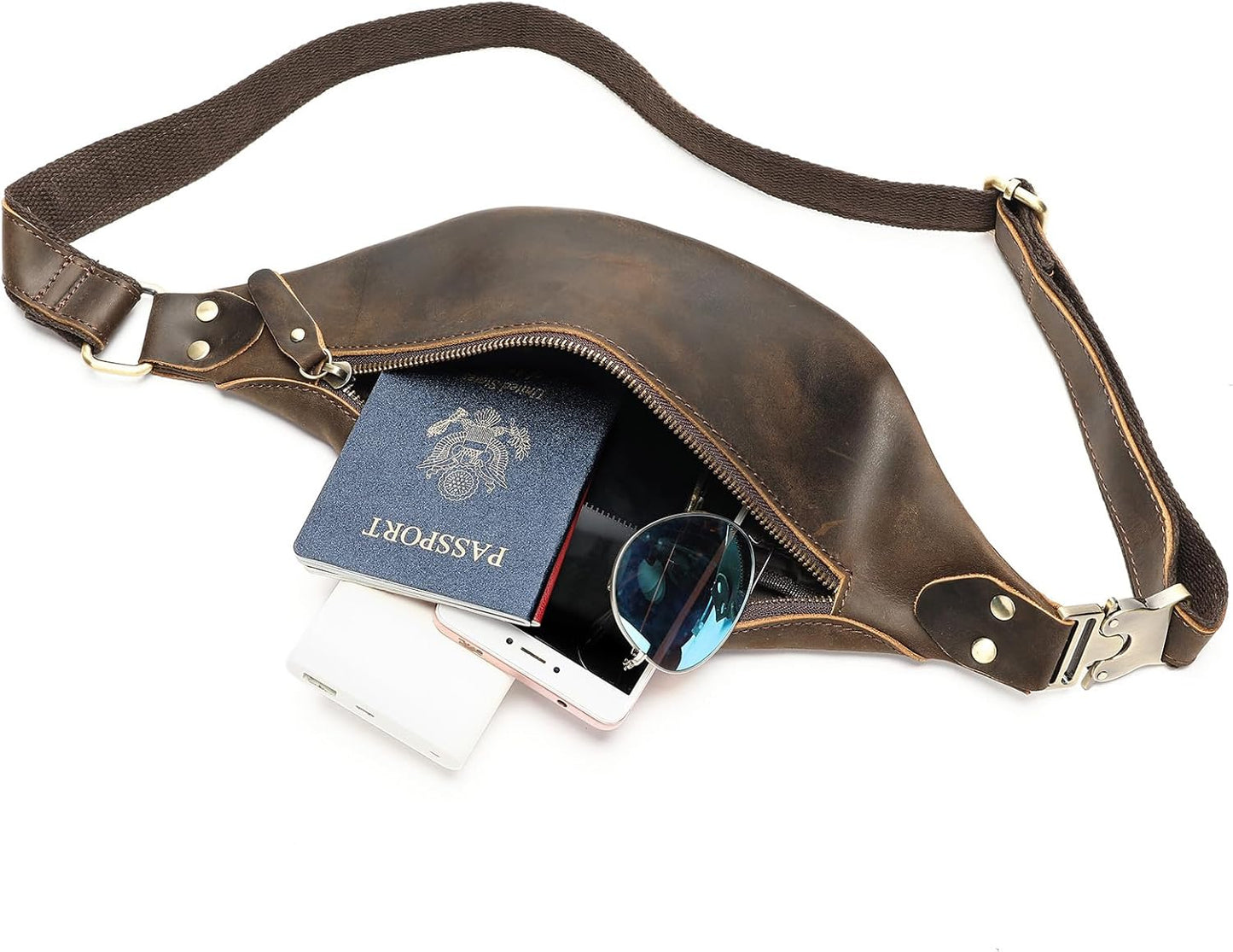 Vintage Genuine Leather Fanny Pack Small Waist Bag Travel Sling Pouch with Adjustable Leather Belt Coffee