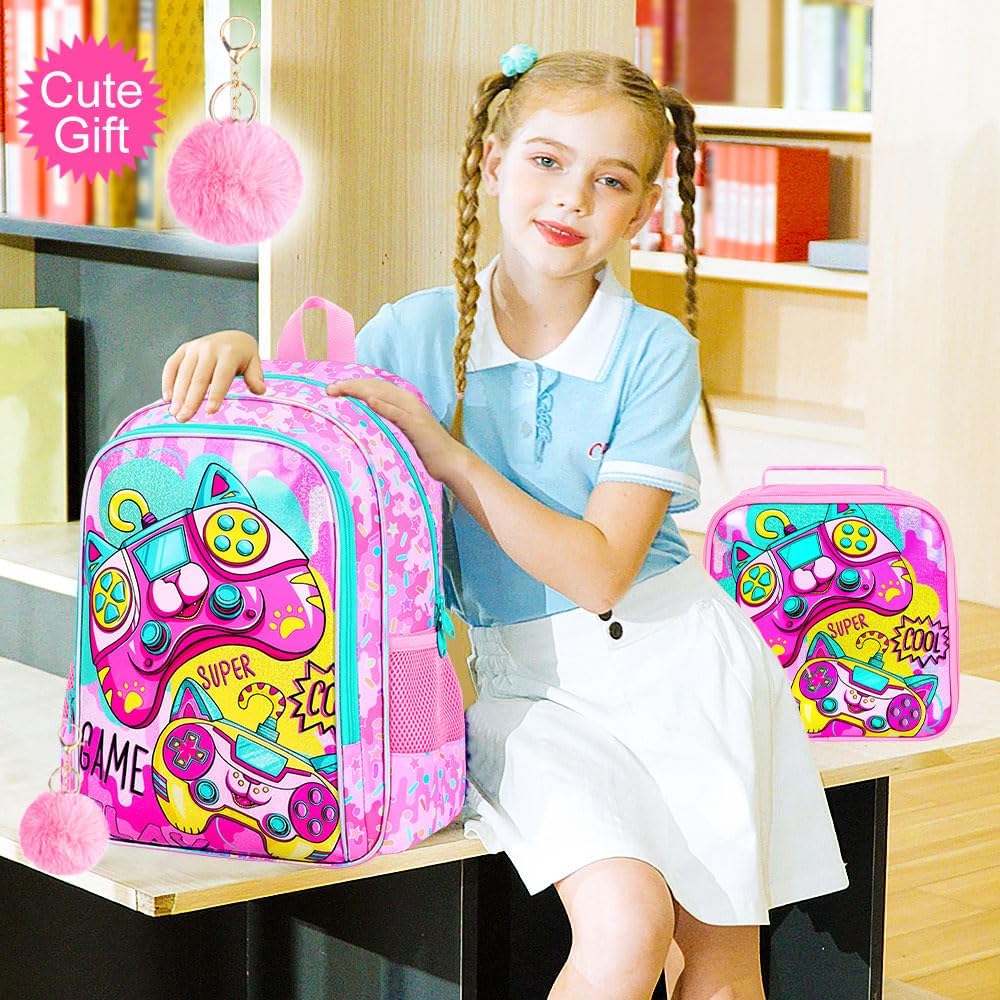 KLFVB 3PCS Girls Game Backpack, Water Resistant Kids Bookbag with Lunch Box, 16" Preschool Backpacks for Elementary - Game Pink