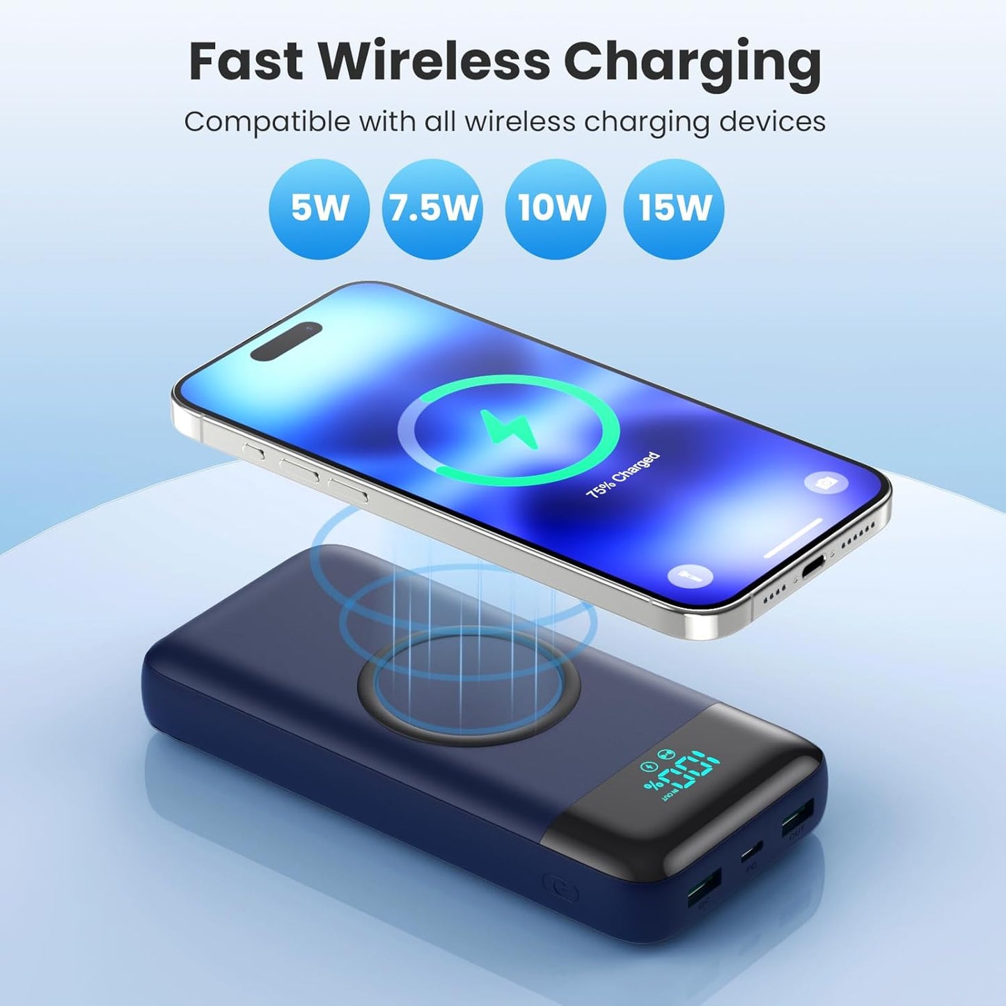 Wireless Portable Charger 40800mAh for iPhone with 3 Built-in Cables,7-in-1 15W Wireless Charging USB C Power Bank,25W PD Fast Charging Travel Essential Battery Pack for iPhone 17/16/15/14-Dark Blue