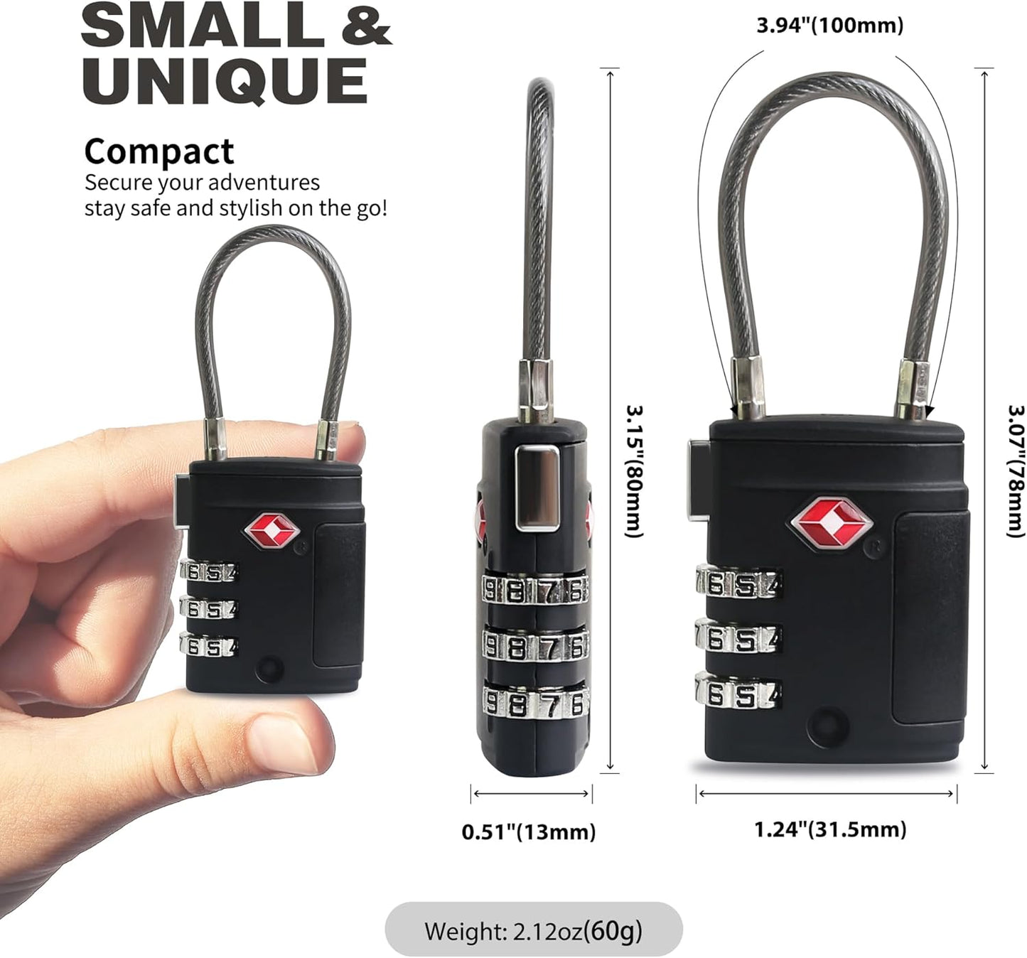 TSA Locks for Luggage, Small Padlock Combination, Luggage Locks TSA Approved, Combo Padlocks with Cable for Suitcase, Gym Locker, Backpack, Gun Case, Bag Zipper, Tool Box (Black+Black)