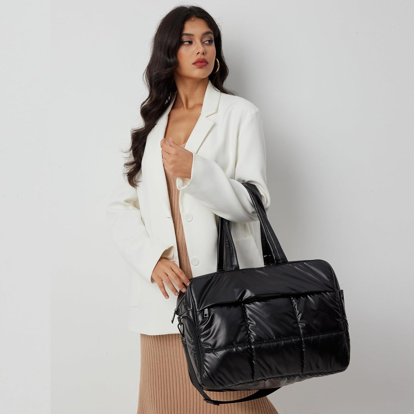 Weekender Fluffy Bag Quilted Nylon Puffer Tote Bag Personal Item Bag for Airlines Overnight Bag Gym Bag
