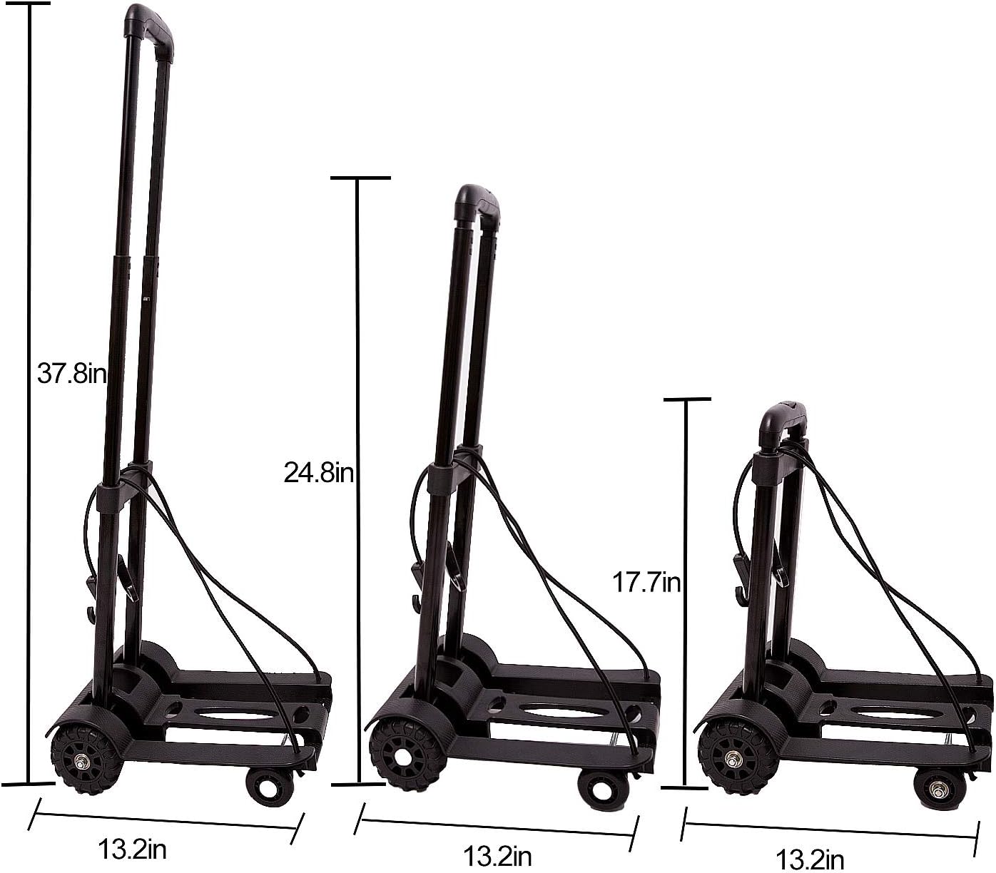 KINJOEK 40kg 88Lbs Folding Hand Truck Dolly, Foldable Luggage Cart for Luggage with 4 Wheels & Bungee Cord, Collapsible, Lightweight Compact Solid Construction Utility Cart for Travel, Black