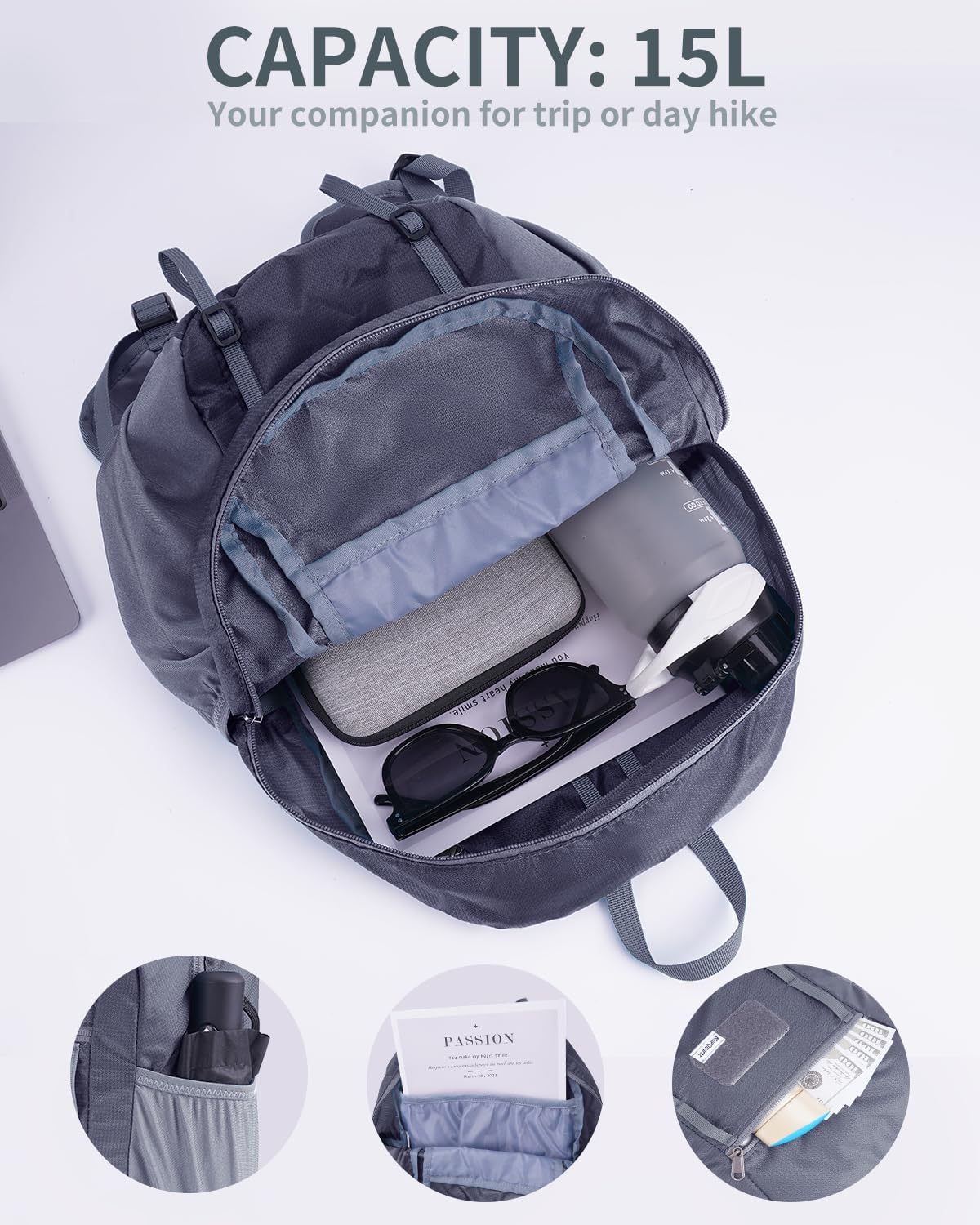 Blue Quartz 15L Hiking Backpack with Chest Pockets for Phone, Ultralight Hiking Daypack with Sternum Straps, Lightweight Foldable Packable Back Pack for Women Men(patent pending)