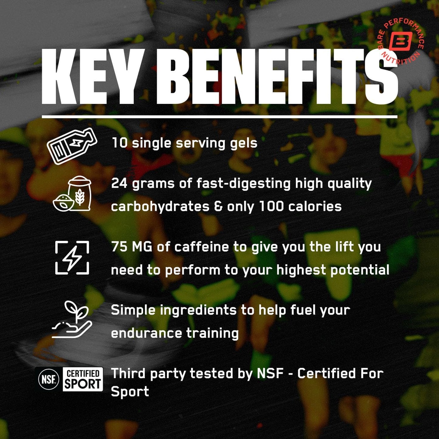 BARE PERFORMANCE NUTRITION, BPN Go Gel Endurance, 24g of Carbohydrates & 100 Calories per Pack, Vegan + Gluten Free Running Gel, 10 Single-Serving Packs, Caffeinated Mixed Berry