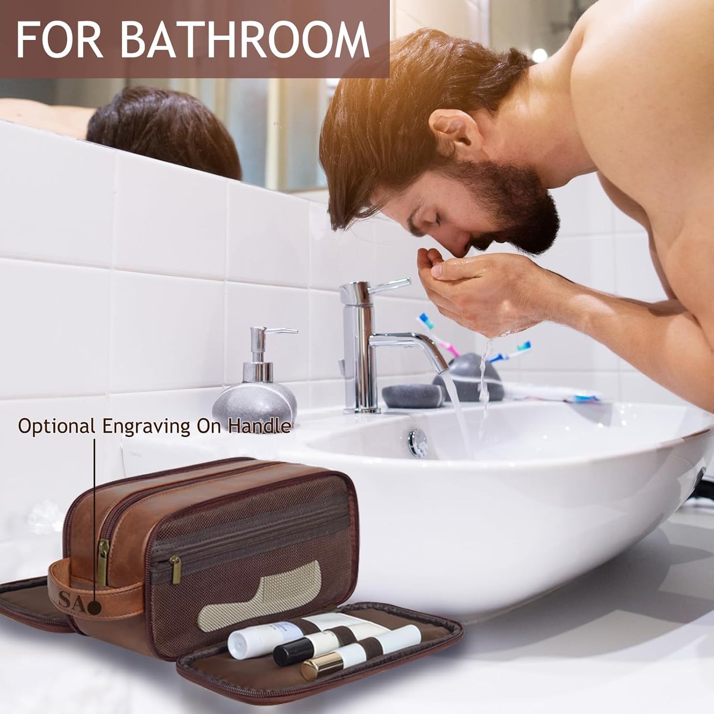 Personalized Toiletry Bag For Men, Laser Engraved Name Monogram Travel Toiletry Bag, Customized PU Leather Shaving Dopp Kit for Groomsmen, Gift for Him, Father, Husband, Christmas, Birthday