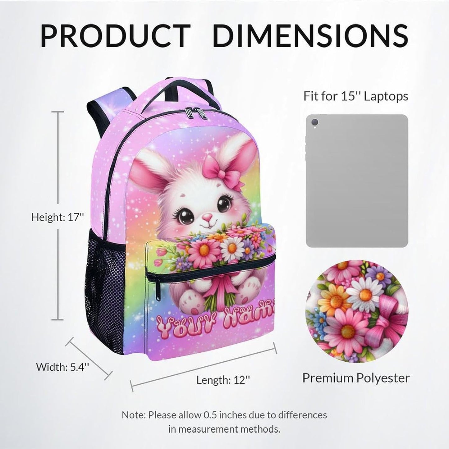 Kids Backpacks for Girls, Personalized Bunny Backpack for School, 17" Cute Rainbow Bookbag for Preschool Kindergarte Elementary, Custom Name School Bag